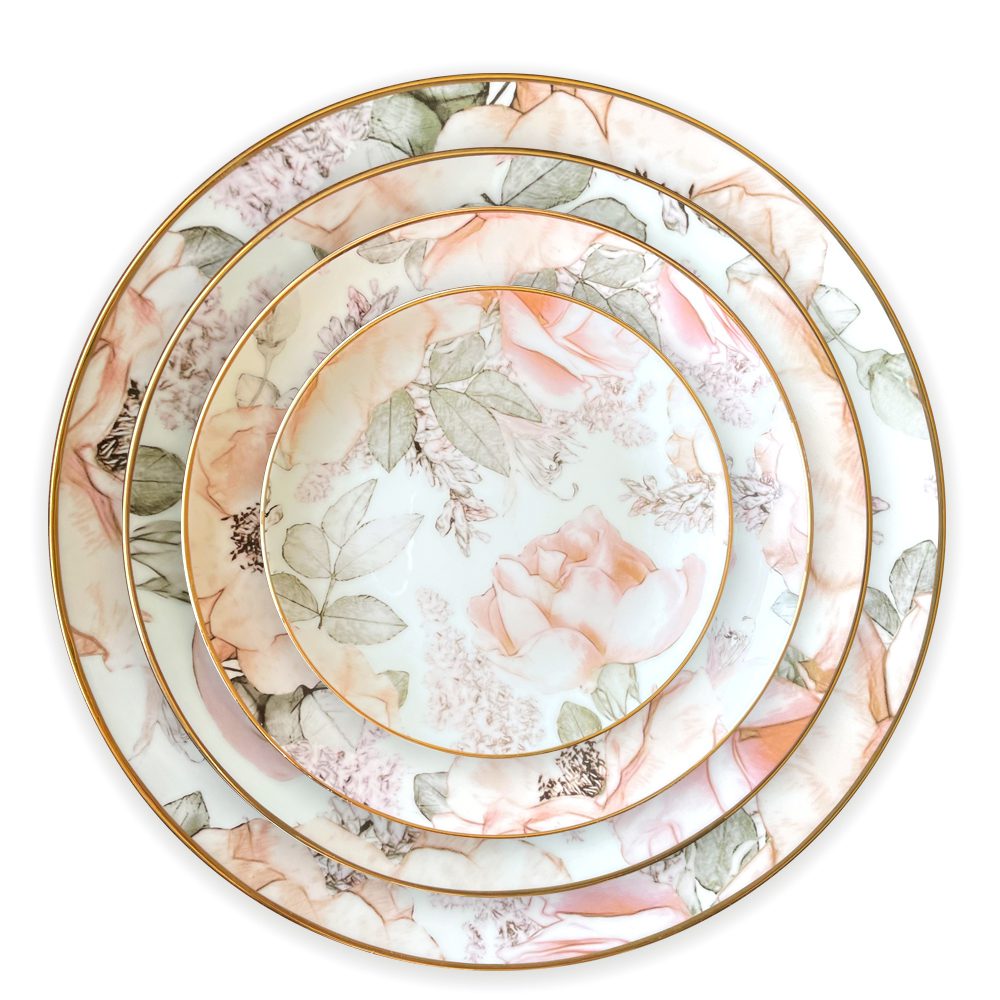 4tlg. Porzellan Teller-Set Rose Flower goldrand