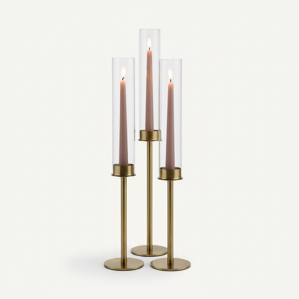 3er Set Hurricane Kerzenhalter mit Glaszylinder gold matt