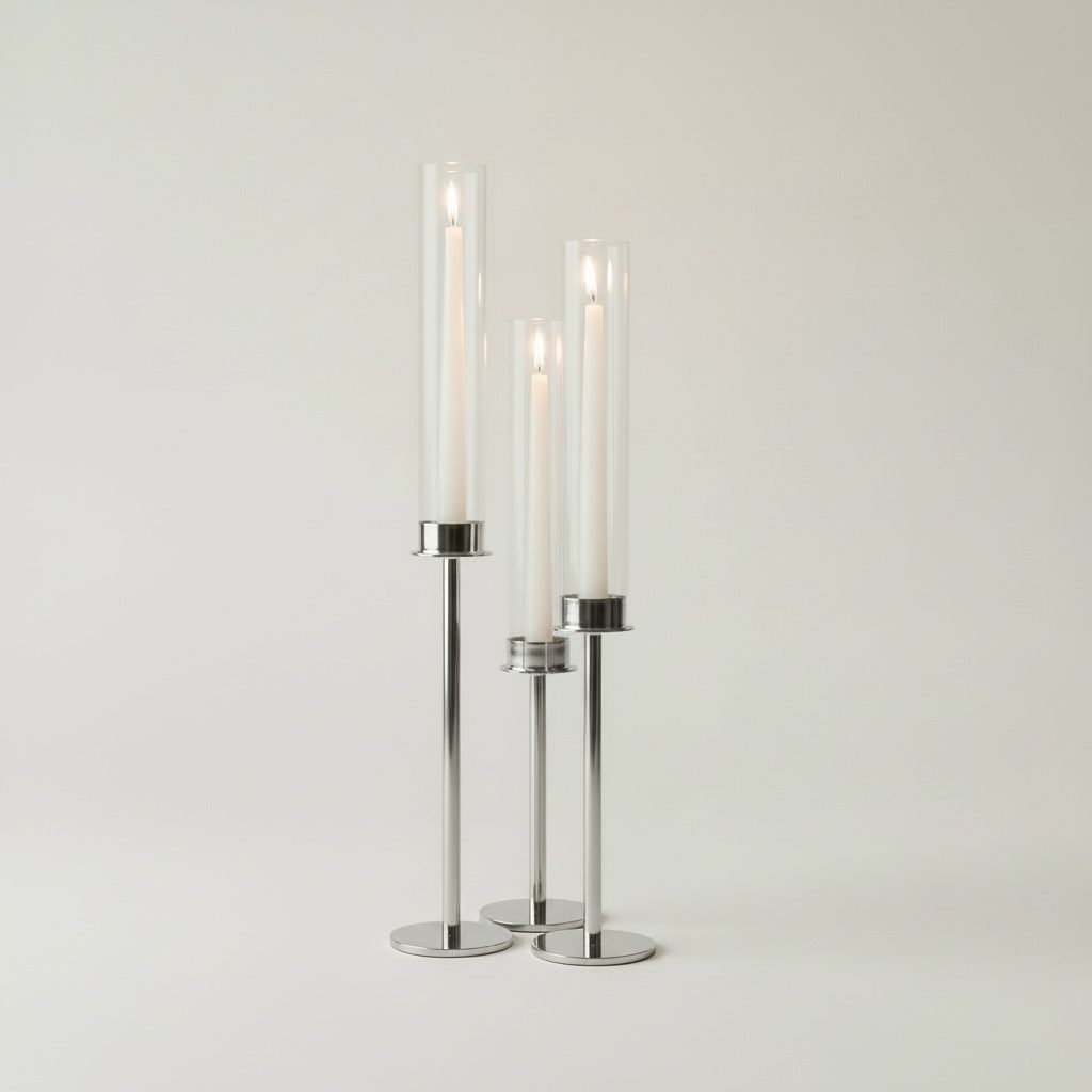 3er Set Hurricane Kerzenhalter mit Glaszylinder silber