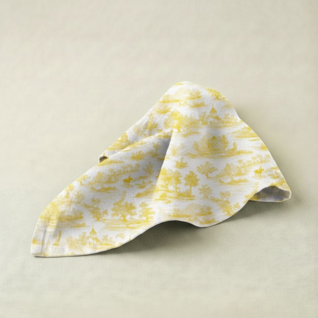 Stoffserviette aus Baumwolle – toile de jouy gelb 50x50cm