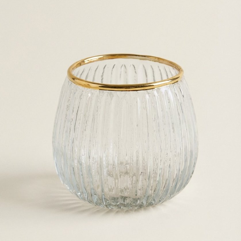 Windlicht mit Streifenmuster & Goldrand, 8cm