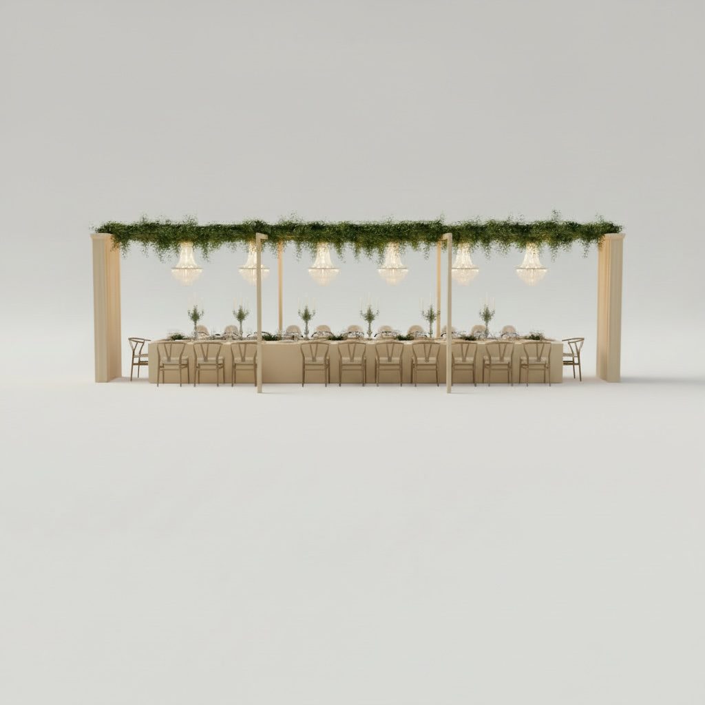 The Gestell auf 9m macchiato beige (2 Außensäulen & 3 Erweiterungen)