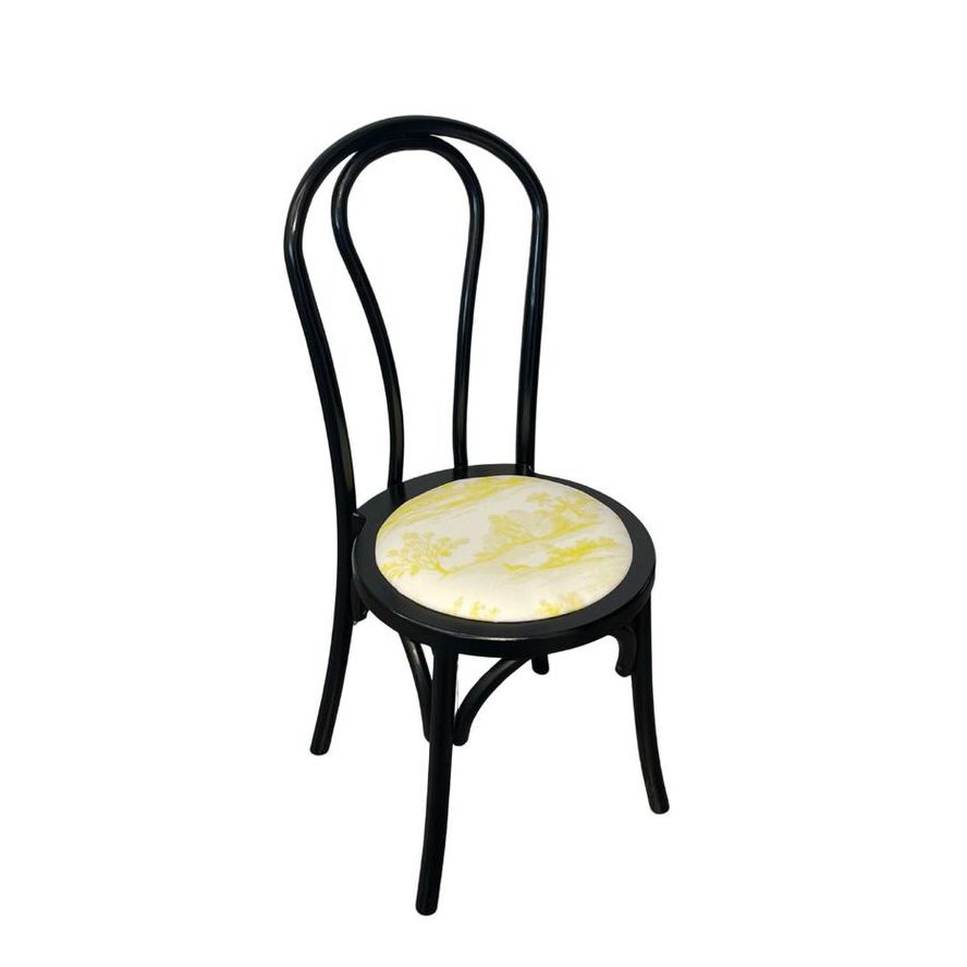Bentwood Stuhl aus Holz schwarz mit gepolsterter Sitzfläche toile de jouy gelb